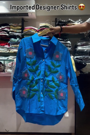 ✨ Trendy Imported Designer Blue Shirt with Vibrant 3D Floral Embroidery and Relaxed Fit for Contemporary Style ✨