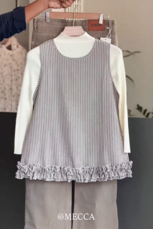 🤍 Striped Ruffle Layered Top with Ivory Inner & Taupe Pants Set ☕