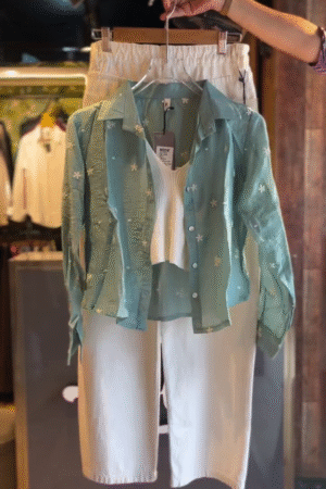 🌿 Mint Breeze Sheer Floral Layered Shirt & White Capri Set