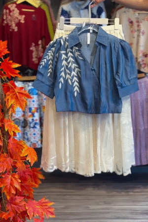 💙Indigo Whisper Embroidered Cotton Shirt & Lace Midi Skirt Set
