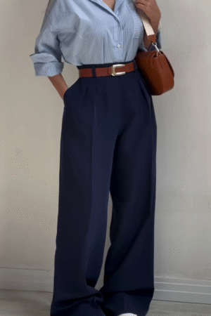 💙Urban Poise Striped Oversized Shirt & Navy Wide-Leg Trouser Set – Minimalist Chic in Motion