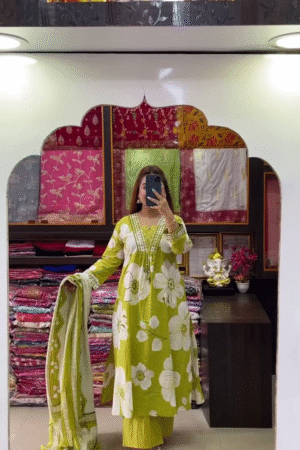 💚Lime Blossom Mirror Work Kurta Set – Floral Serenity with Festive Glow
