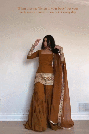 🧡 Amber Glow Embroidered Sharara Set – Royal Radiance in Earthy Hues