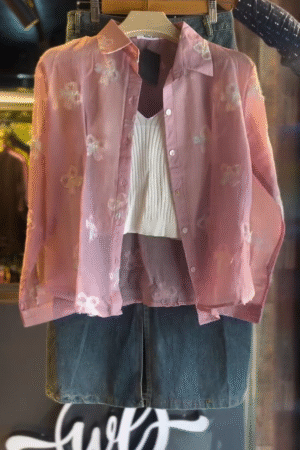 🌸 Rosé Petal Sheer Embroidered Shirt & Denim Skirt Set – Breezy Romance in Soft Pastels