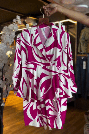 🌺Fuchsia Palm Luxe Wrap Co-ord Set – Vibrant Tropical Elegance in Bold Magenta & Ivory Tones