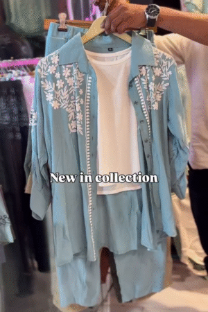 “Serene Sky Blue Embroidered 3-Piece Co-ord Set with Inner Top & Long Shirt – Effortless Grace for Everyday Chic💕”