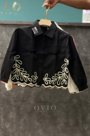 🖤 Luxury Black Embroidered Crop Shirt – Signature Collection | Elegant Button-Down with Floral Detailing & Scalloped Hemline
