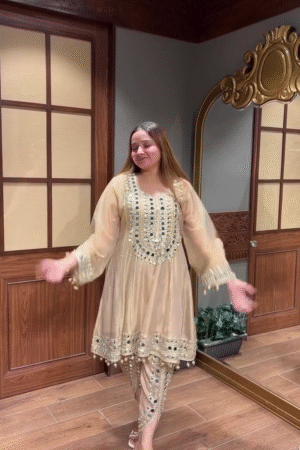 Premium Gold Mirror Embroidered Organza Party Suit