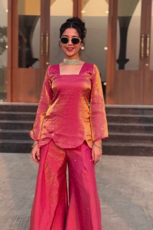 Luxurious Festive Metallic Magenta Flared Palazzo Suit Set