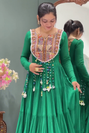 Emerald Green Traditional Gota Patti Anarkali Set with Ornate Multicolor Embroidery and Shell Tassel Accents