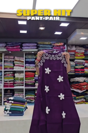 Super Hit Floral Appliqué Navy Blue Cotton Kurti and Pant Pair with Bold White 3D Flower Motifs