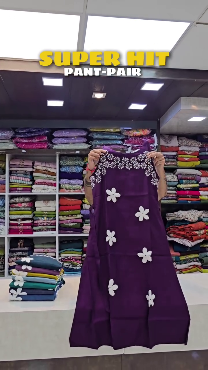 Super Hit Floral Appliqué Navy Blue Cotton Kurti and Pant Pair with Bold White 3D Flower Motifs