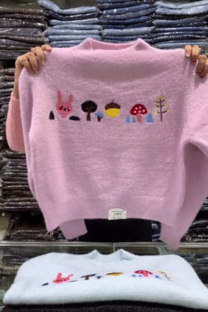 Soft Fuzzy Pink Sweater with Embroidered Animal & Nature Motifs