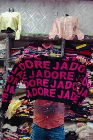 🖤Ultra-Bold Black & Neon Pink All-Over “J’ADORE” Statement Sweater – Cozy Oversized Trendsetter Pullover