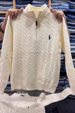 🤍Ultra-Soft Cream Cable-Knit High-Neck Sweater with Half Zipper – Versatile Regular Fit Pullover