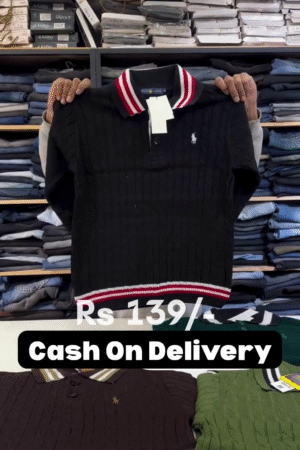 🖤Black Cable-Knit Polo Sweater with Contrasting Stripe Rib Collar & Cuffs – Contemporary Preppy Boy’s Autumn Top