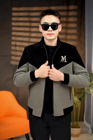 🖤🤍Black & Grey Chevron Yoke Zipper Bomber Jacket – Timeless Style Statement for Smart Casual & Urban Looks