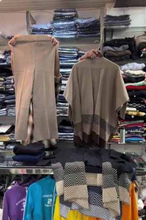 👑 "Urban Elegance Taupe Chevron Knit Sophisticated Co-ord Set with Draped Cape Cardigan and Sleek Pants for Effortless Day-to-Night Style" 👑​