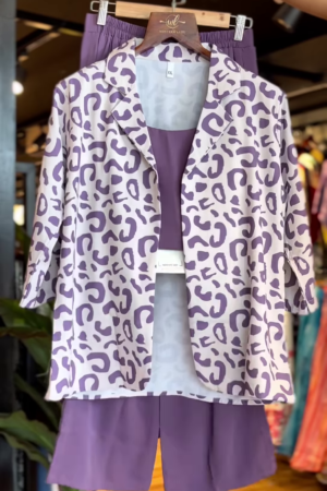 Lilac Leopard Print Co-Ord Set with Solid Inner & Shorts – Bold & Breezy