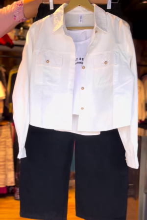 Classic Monochrome Co-Ord Set with White Utility Jacket & Black Culottes