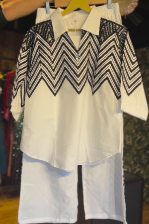 Black & White Sequin Chevron Kurti Set with Palazzo Pants
