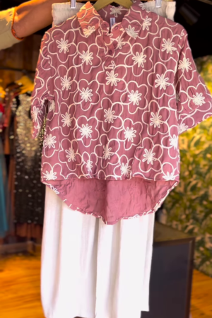 Mauve Floral Printed High-Low Kurti with Off-White Palazzo Pants