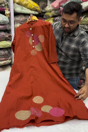 Rust Orange Designer Kurti – Abstract Patchwork Elegance (Also in Purple)