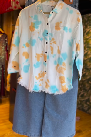 White Tie-Dye Cotton Shirt – Beach Vibes in Blue & Orange Splash