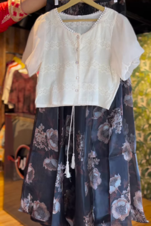 Vintage Bloom – Embroidered Top & Floral Skirt Set