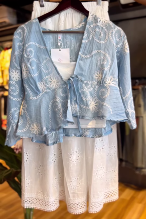 Cloud Blue Daydream – Embroidered Tie-Up Coord Set