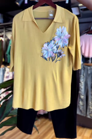 Golden Bloom – Mustard Polo Tee with Hand-Painted Floral Accent & Black Pants
