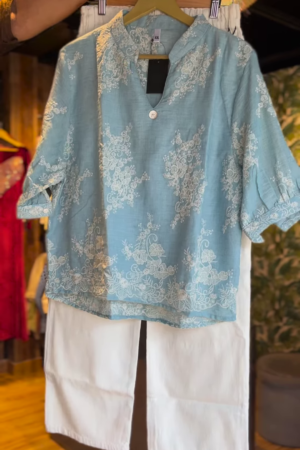 Aqua Whisper – Lace Embroidered Cotton Top & Pants Set