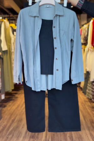 3-Piece Co-ord Set – Powder Blue Shirt with Black Crop Top & Pants