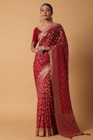 Deep Red Banarasi Georgette Saree with Gold Bandhani Weave & Traditional Border ❤️
