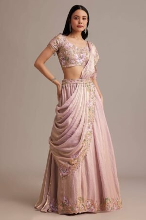 Blush Pink Drape Saree‑Style Lehenga