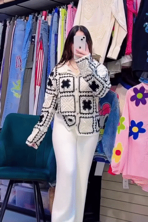  Black & White Crochet Patchwork Button Cardigan with Wide‑Leg Knit Pants 🖤🤍