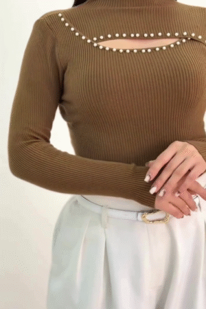 Caramel Ribbed Pearl Cut‑Out Fitted Knit Top 🤎✨