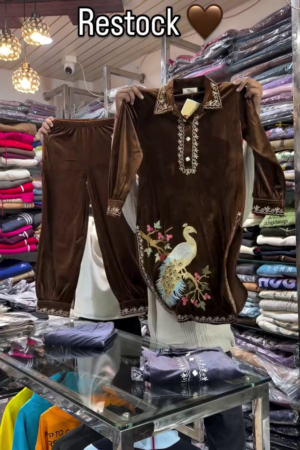 🤎 Velvet Grace Embroidered Night Suit Set – Peacock Elegance (Restock Edition) 🤎