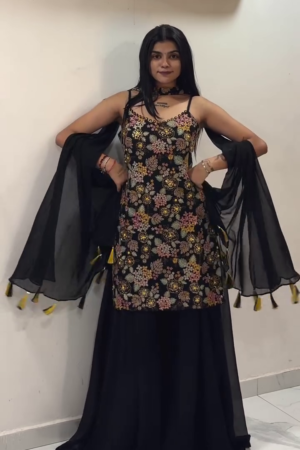 Midnight Bloom Embroidered Sharara Suit