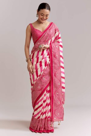 White & Hot Pink Silk Saree with Leheriya Stripes and Bandhani Pallav 💗🤍