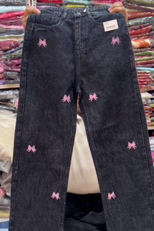 🖤🎀 Butterfly Blossom Denim – Premium Black Jeans with Pink Bow Embroidery ✨👖