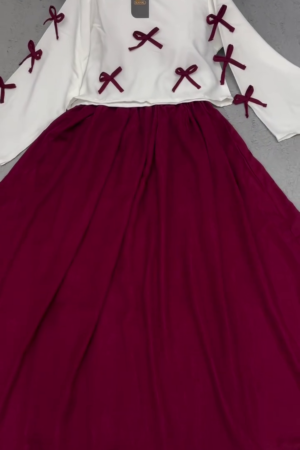 🎀❤️ Bow Bliss Co-Ord Set – White Ribbon Top + Maroon Flowy Skirt ✨👗