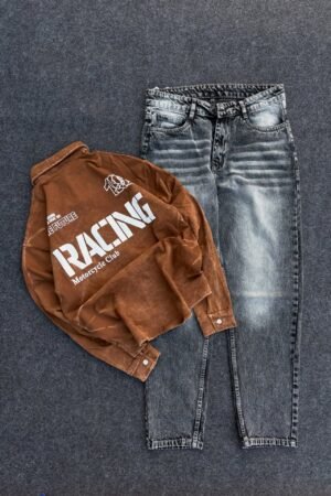 🟫 Casual Denim Outfit – Brown Washed Denim Jacket with Racing Graphics & Grey Washed Jeans 🏁✨