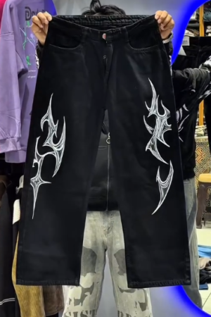 🖤 Black Baggy Jogger Pants with White Tribal Print – Relaxed, Stylish & Street-Ready ✨