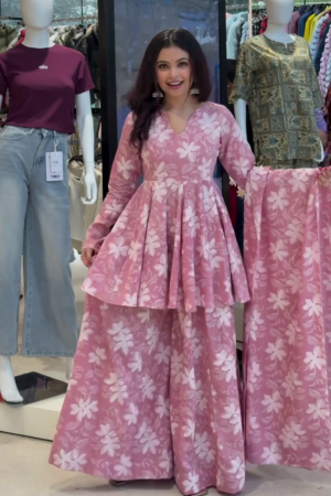 🌸 Pink Floral Printed Peplum Sharara Set – Where Elegance Blooms with Style 🌸