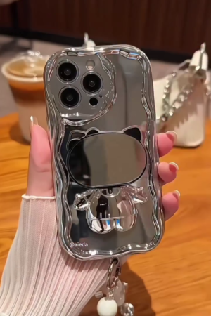 ✨ Silver Electroplated Phone Case with 3D Cat/Bunny Mirror Bracket & Wrist Strap ✨