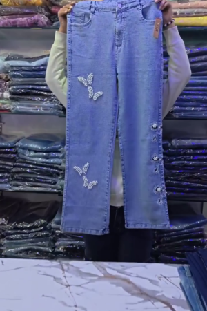 🦋 Light Blue Wide-Leg Denim Jeans – Butterfly & Floral Embroidery with Frayed Hem ✨