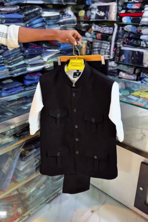 🖤 Premium Black 4-Pocket Nehru Jacket with Trousers for Men – Sophisticated & Timeless Elegance ✨