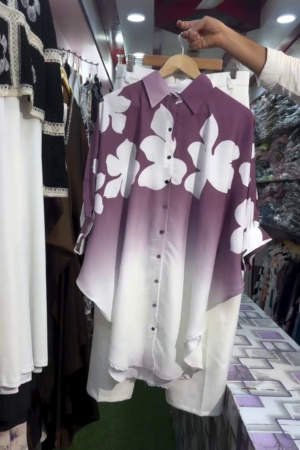 💜 Purple & White Floral Ombre Button-Down Tunic Co-Ord Set – Premium Elegance in Every Detail