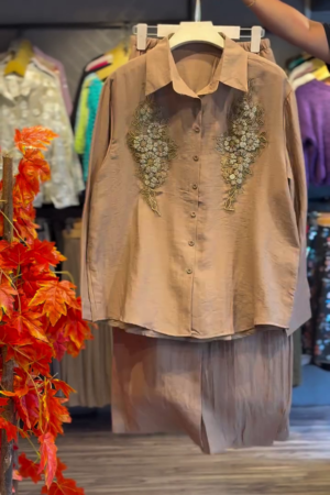 🤎 Brown Floral Embroidered Linen Shirt Set – Effortless Elegance Meets Comfort 🌿